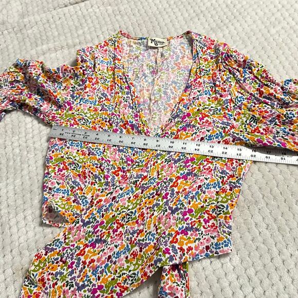 Show Me Your MuMu Kimmy Tie Top Women's Large Rainbow Fields Half Sleeve V-Neck - Picture 7 of 9